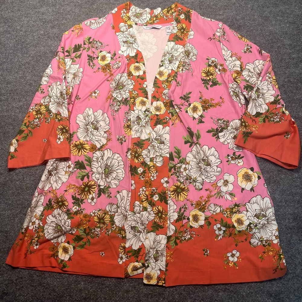 Isaac Mizrahi Live! Open Cardigan Sweater Vibrant Contrast Floral 1X Pink Coral